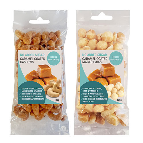 Cashew caramel and macadamias caramel coated sugar free
