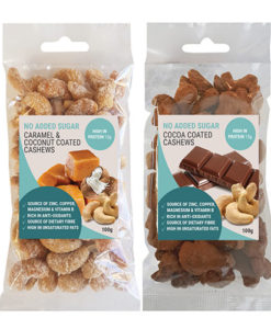 Cashew caramel caramel coconut and cocoa coated sugar free